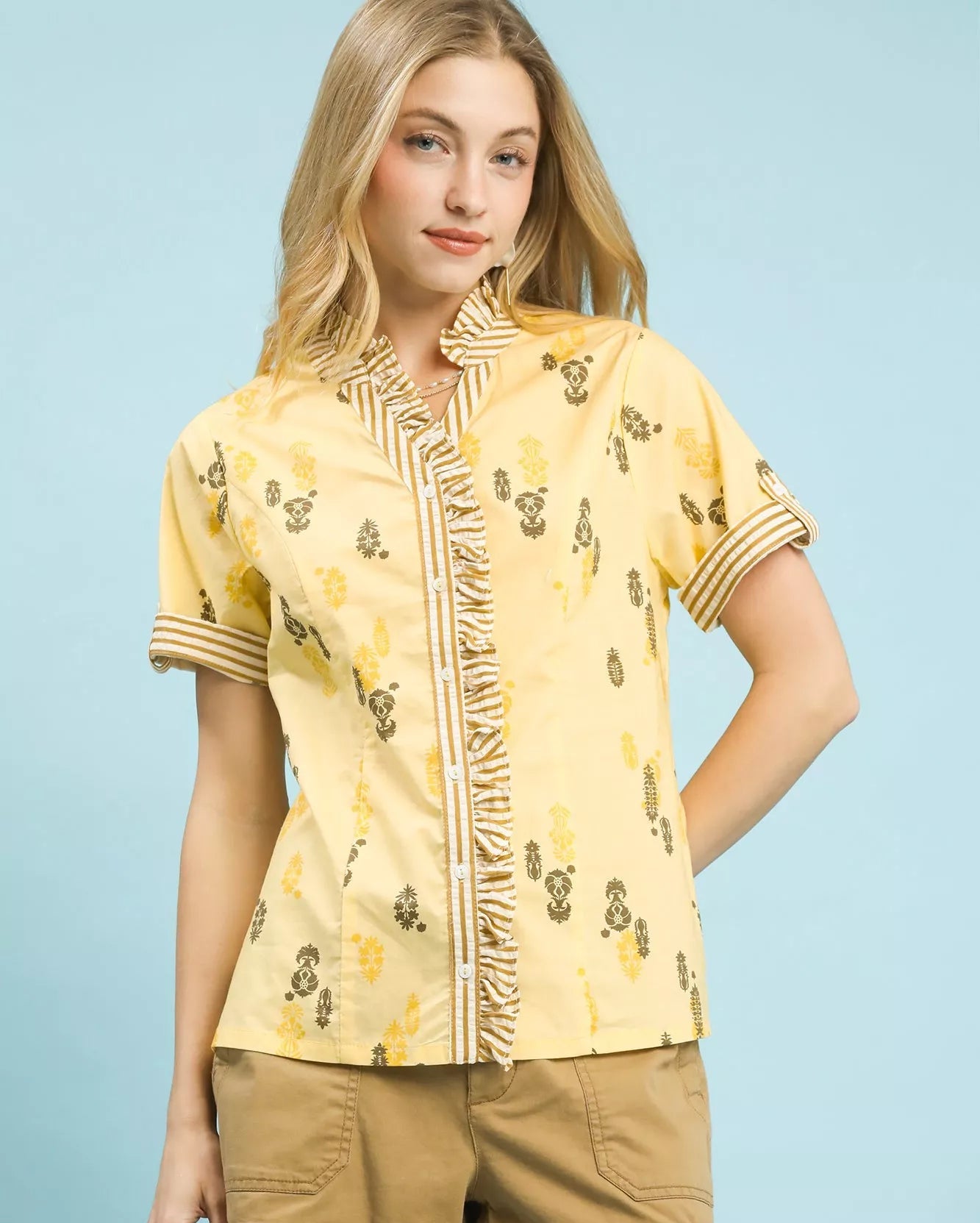 Umgee Blouse Honey Floral Printed Ruffle Trim Button Front Top HONEY 6538328a-7bcd-417e-aaab-2febaf290bed-Max-Origin Trendsi