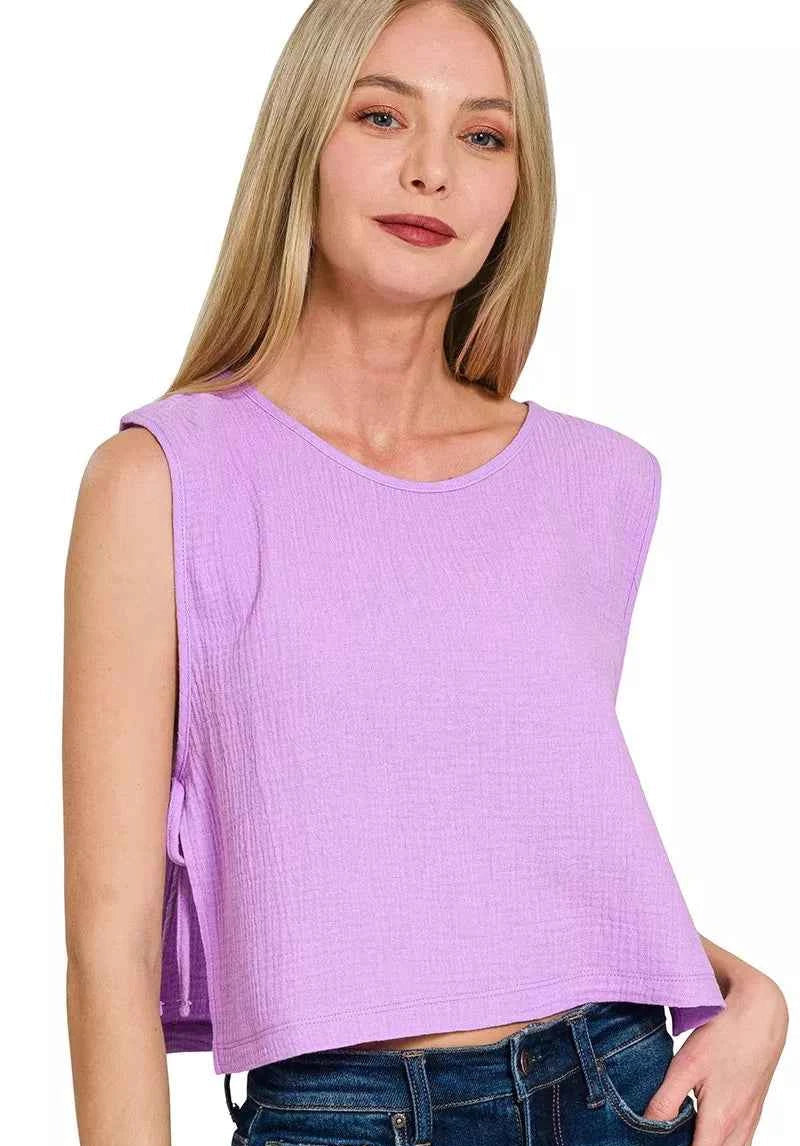 Zenana Women Blouse Lavender Double Gauze Side Tie Sleeveless Top B LAVENDER 653a759572884bf1805070d22fafd839-Max-Origin Trendsi