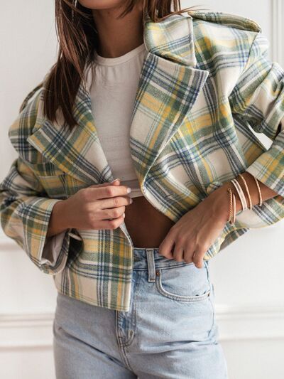 Plaid Cropped Women's Jacket Lapel Collar Single Breasted Long Sleeve Outwear Light Yellow 654880d3-f236-4671-8e8f-ee785cacb2ca-Min Trendsi