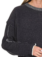 Zenana Black Sweater Womens Exposed Seam Round Neck Two-Tone 6550df72-649f-42ee-886e-69ad3aecaca3-Max-Origin Trendsi