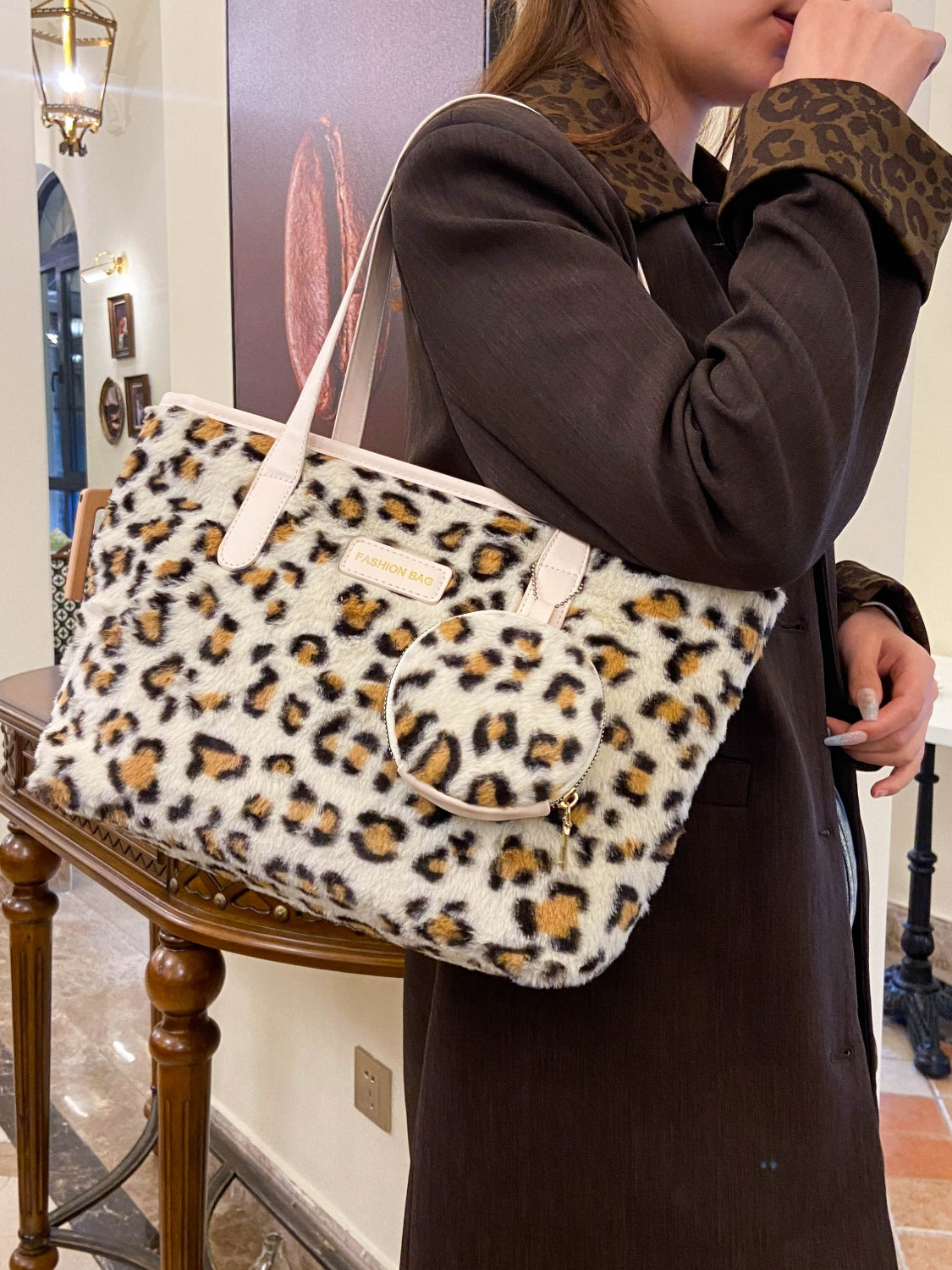 Large Leopard Faux Fur Tote Bag Women Zip with Coin Purse Shoulder Bags