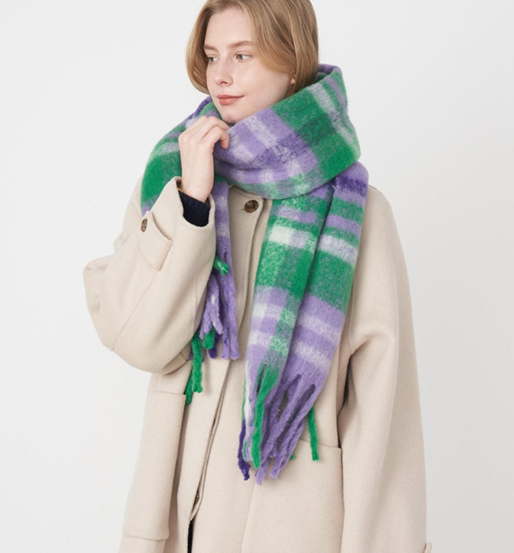 Women Scarf Fringe Plaid Polyester Tasseled Warm Long Fashion Accessories Purple White Green plaid One Size 65576e6d-df0a-41b7-840b-4ff007aa9764-Max Trendsi
