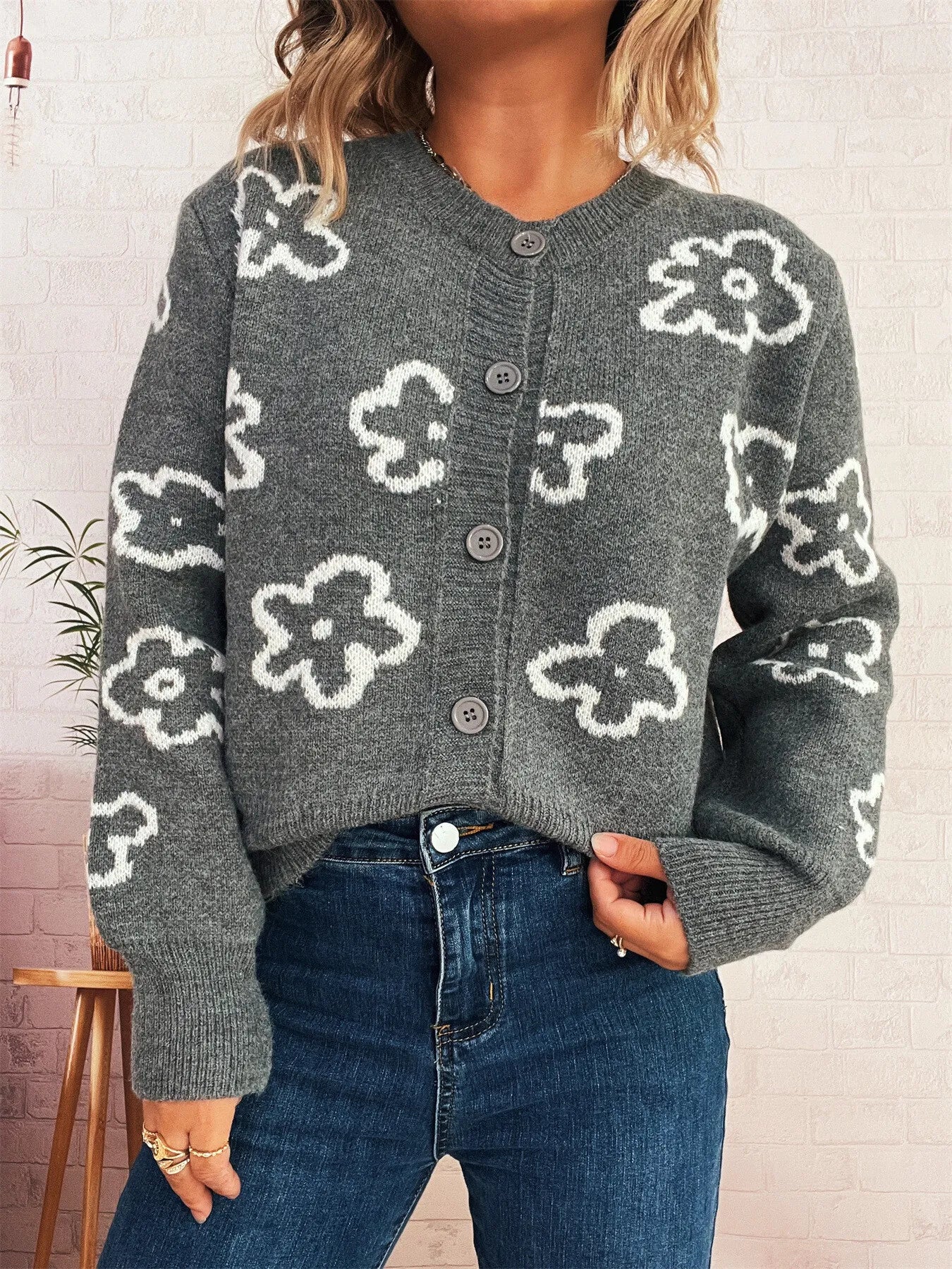 Women's Cardigan Floral Pattern Knit Button-Up Long Sleeve 6557a7f0312547289c4481ff381040c1-Max-Origin Trendsi