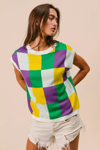 BiBi Womens Sweater Knit Top Mardi Gras Checker Pattern Sleeveless 6558c7ab8fd44490a4f3944a528919f2-Max-Origin Trendsi