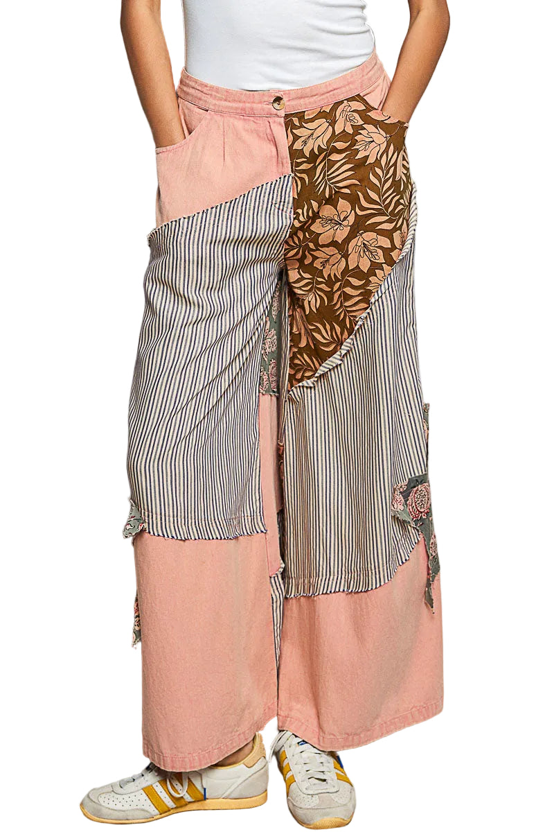 POL Striped Floral Patchwork Wide-Leg Pants with Large Side Star Patch