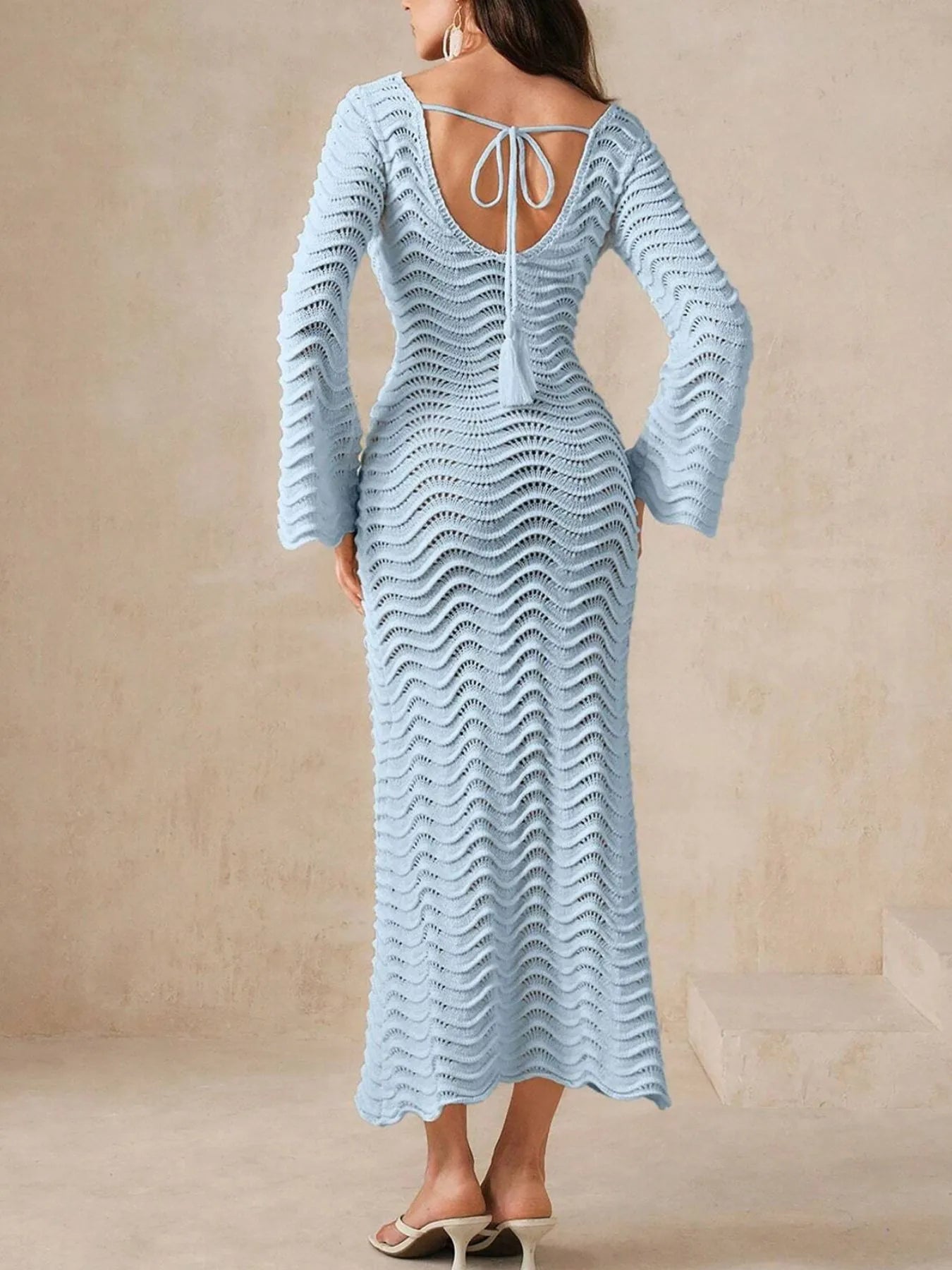 Wave Maxi Knit Dress Openwork Crochet Cutout V Neck Long Sleeve 65655a70-0028-4619-97c5-efff43c6fc88-Max-Origin Trendsi