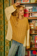 BiBi Womens Sweater Cable Knit With Hacci Combo Uneven Hem Detail 6568b40ca2704dd48119bb27aa1ffcf2-Max-Origin Trendsi