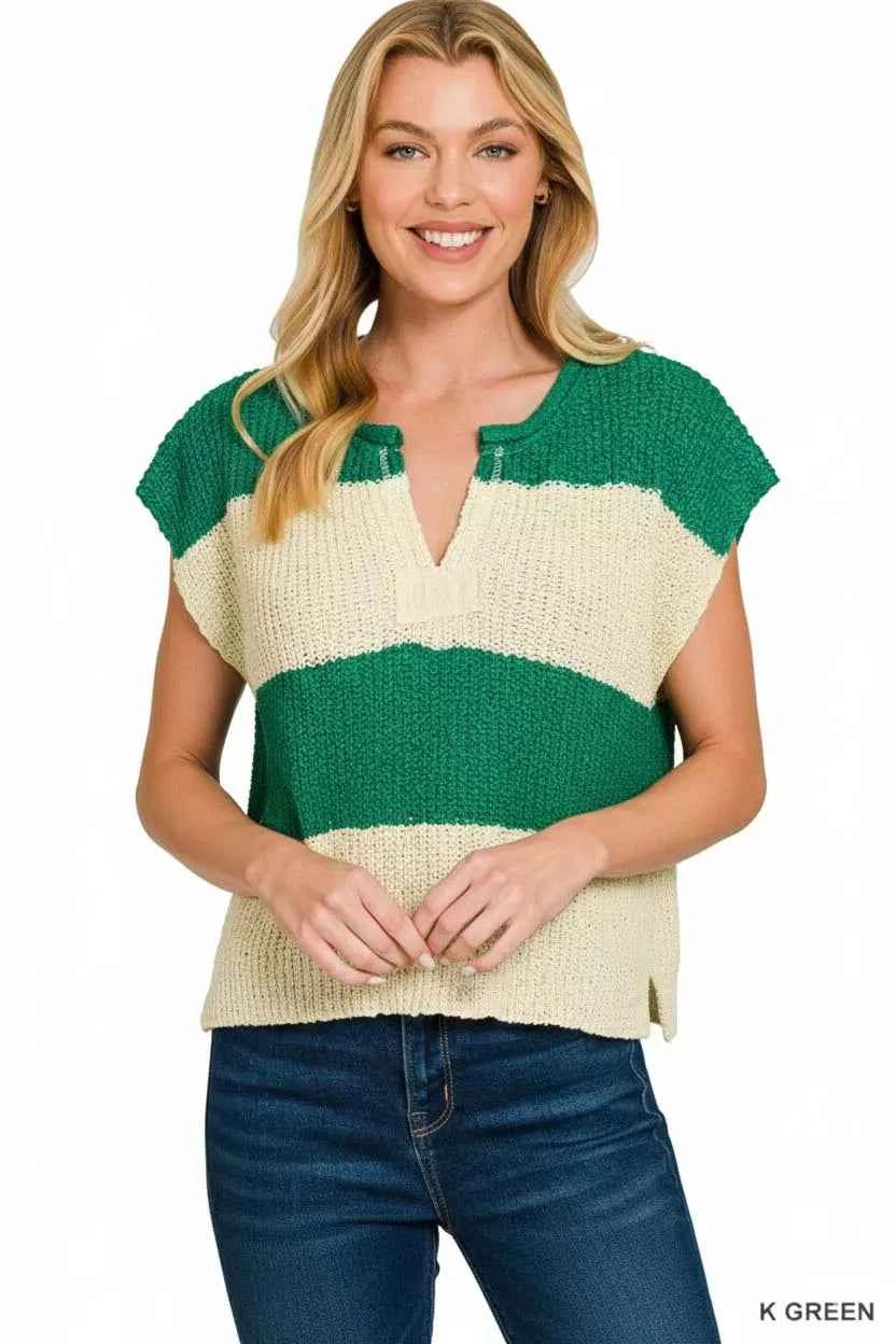 Zenana Women Sweater Green Stripe Split Neck Sleeveless Knit Short Sleeve Top 6568fc9f-0779-4fac-a126-d67003b3935f-Max-Origin Trendsi