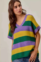 SO ME Women Sweater Purple Mix Mardi Gras Loose Fit V Neck Stripe Top 656ba743b6c24218a3d8a1a28fa383c7-Max-Origin Trendsi