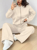 Womens Outfit Set Casual Solid Color Zipper Jacket and Wide Leg Pants Apricot 656d7d592bd54404b4cc2acd40abf1f1-Max-Origin Trendsi