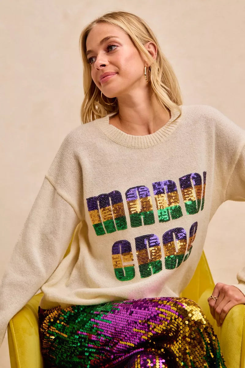 BiBi Women Sweatshirt Ivory Mardi Gras Sequin Lattering Knit Top 656d7ec095e942bcb9d2deb46226e448-Max-Origin Trendsi