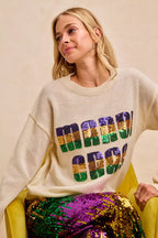 BiBi Women Sweatshirt Ivory Mardi Gras Sequin Lattering Knit Top 656d7ec095e942bcb9d2deb46226e448-Max-Origin Trendsi