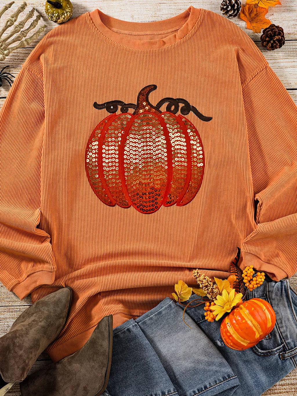 Women's Sweatshirt Halloween Sequined Pumpkin Ribbed Round Neck Top 656e5ec2440b48f9849b66304e330bb4-Max-Origin Trendsi