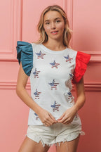 BiBi American Flag T-shirt Women's Sequin Stars Cotton Top 656f1dc1550944268028a699d940a758-Max-Origin Trendsi
