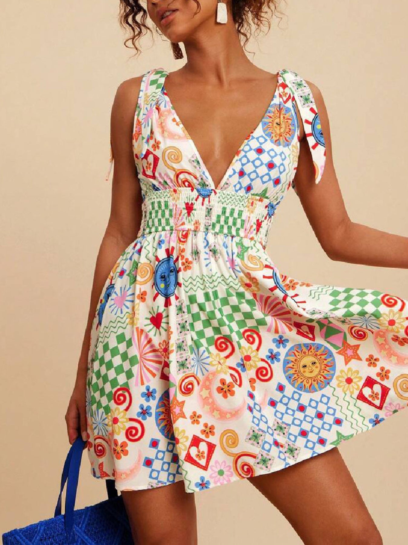 V-Neck Sleeveless Mini Dress with Smocked Waist and Printed Design