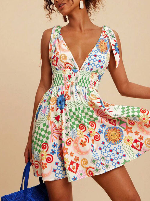 V-Neck Sleeveless Mini Dress with Smocked Waist and Printed Design