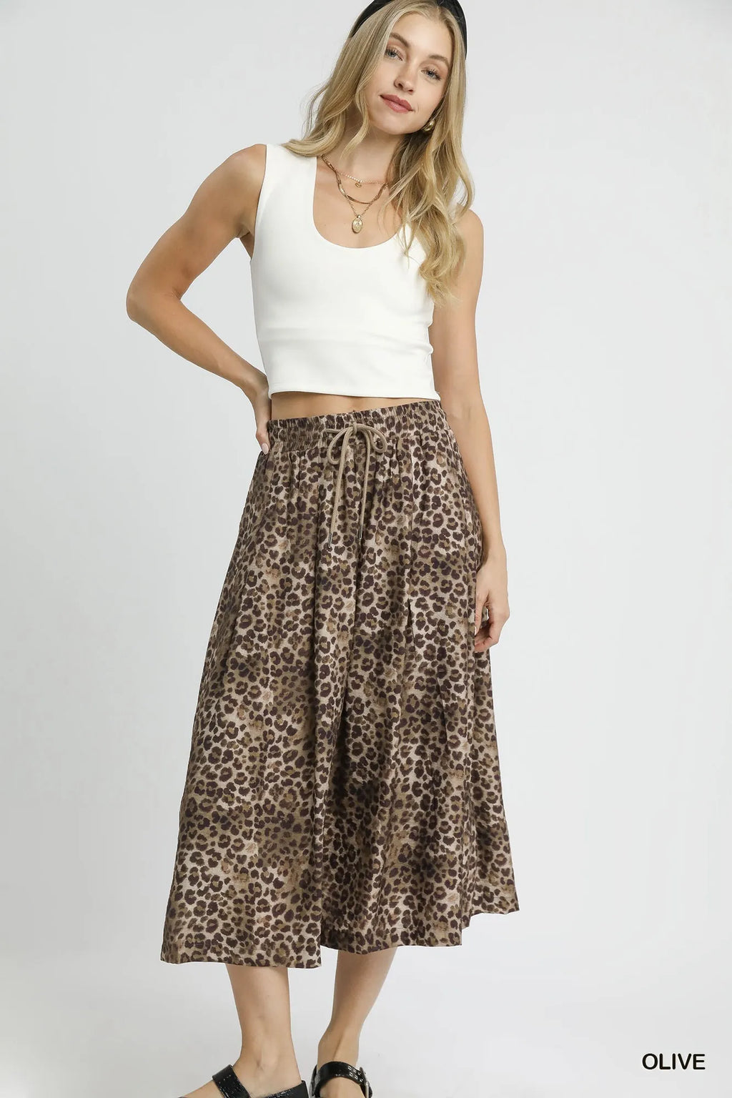 Umgee Midi Skirt Leopard Olive Print Drawstring High Waisted Ruffled 657ada84-099f-4a49-84af-129ce67daa77-Max-Origin Trendsi