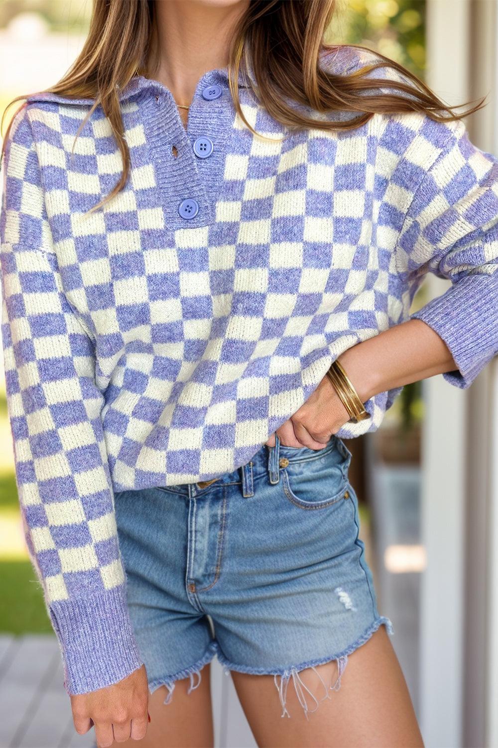 Plus Size Checkered Sweater Collared Neck Long Sleeve Knitwear Lavender 657e9f1d-1ed7-48e8-98a4-c8f9722cba68-Max Trendsi