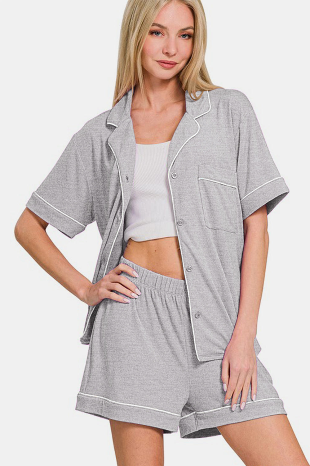 Zenana Lounge Set Light Gray Button Down Short Sleeve Top and Shorts