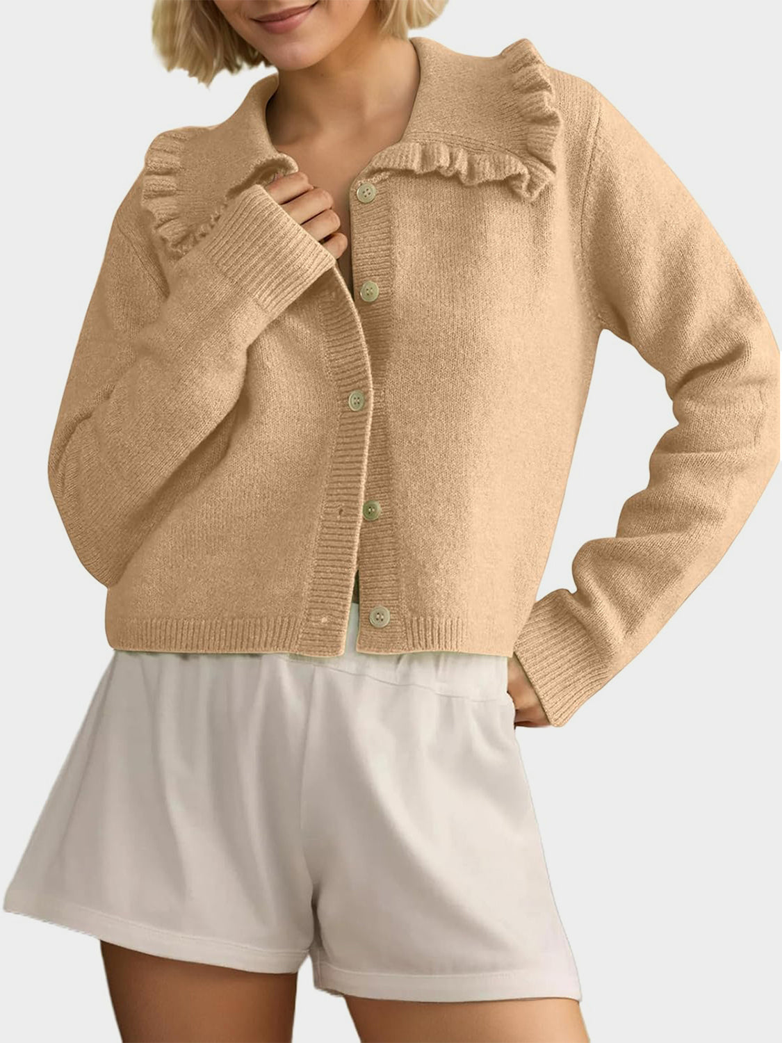 Women Cardigan Frill Collared Cotton Blend Knit Button Up Neck Long Sleeve Tan 65927df2-df19-4c02-b888-d59f528cbdb8-Max Trendsi