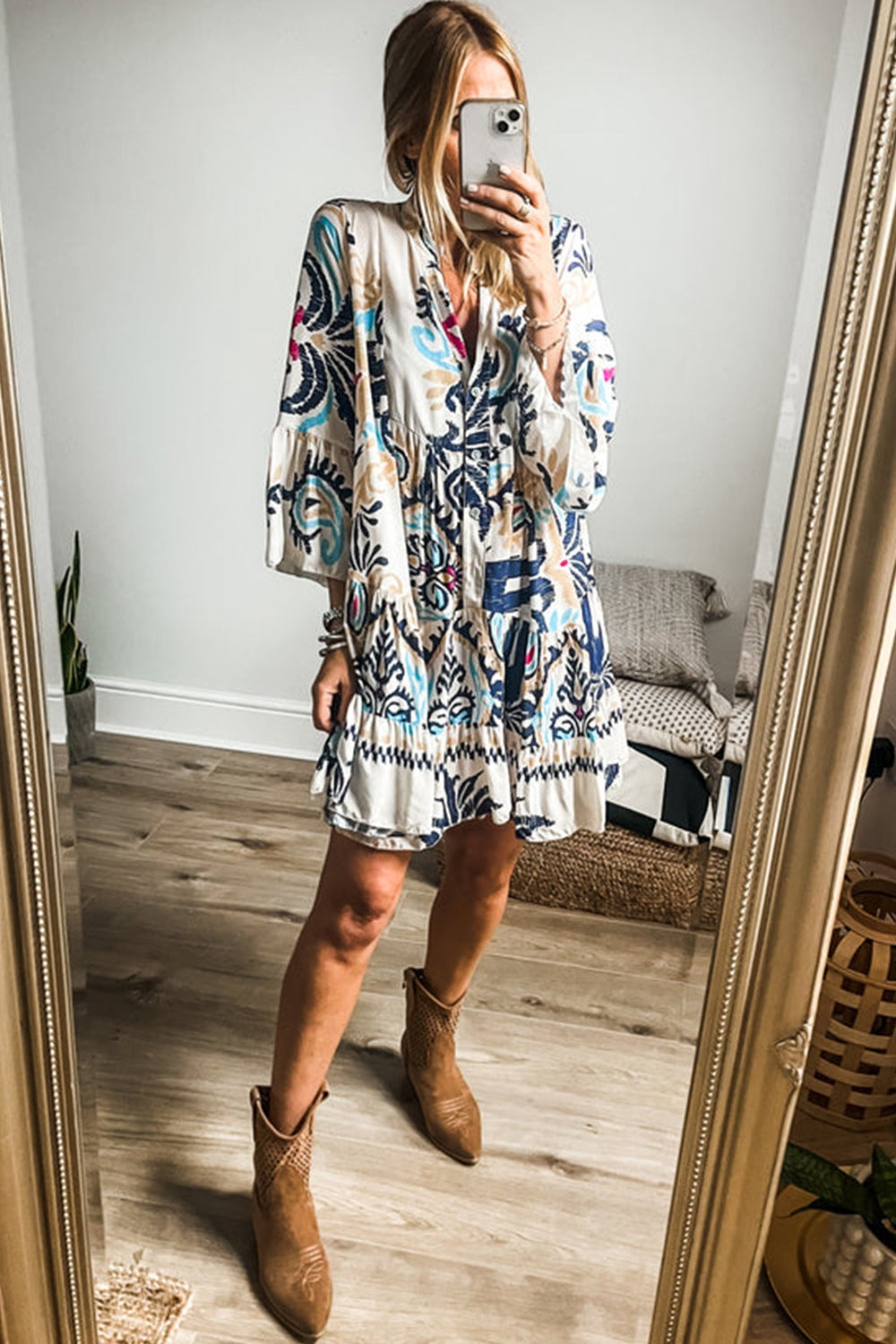 Floral Mini Dress Notched Buttoned Three-Quarter Sleeve Ruffle Short 65a299af-6255-47bb-b4bb-02468d75c041-Max Trendsi