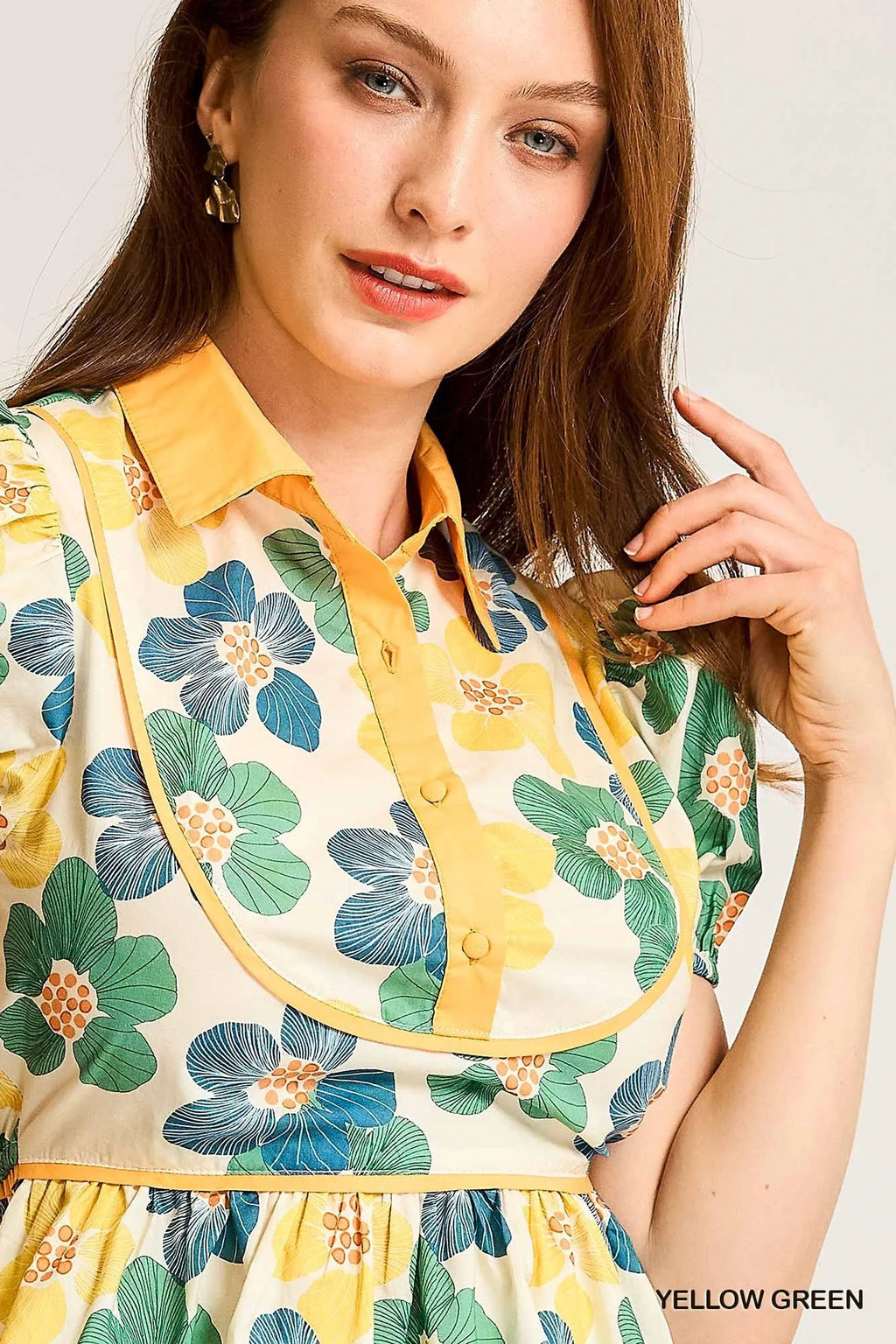Umgee Cropped Blouse Yellow Green Floral Print Puff Sleeve Buttoned Top 65a61a55-eaa5-419f-84d4-e6a11ed3e813-Max-Origin Trendsi