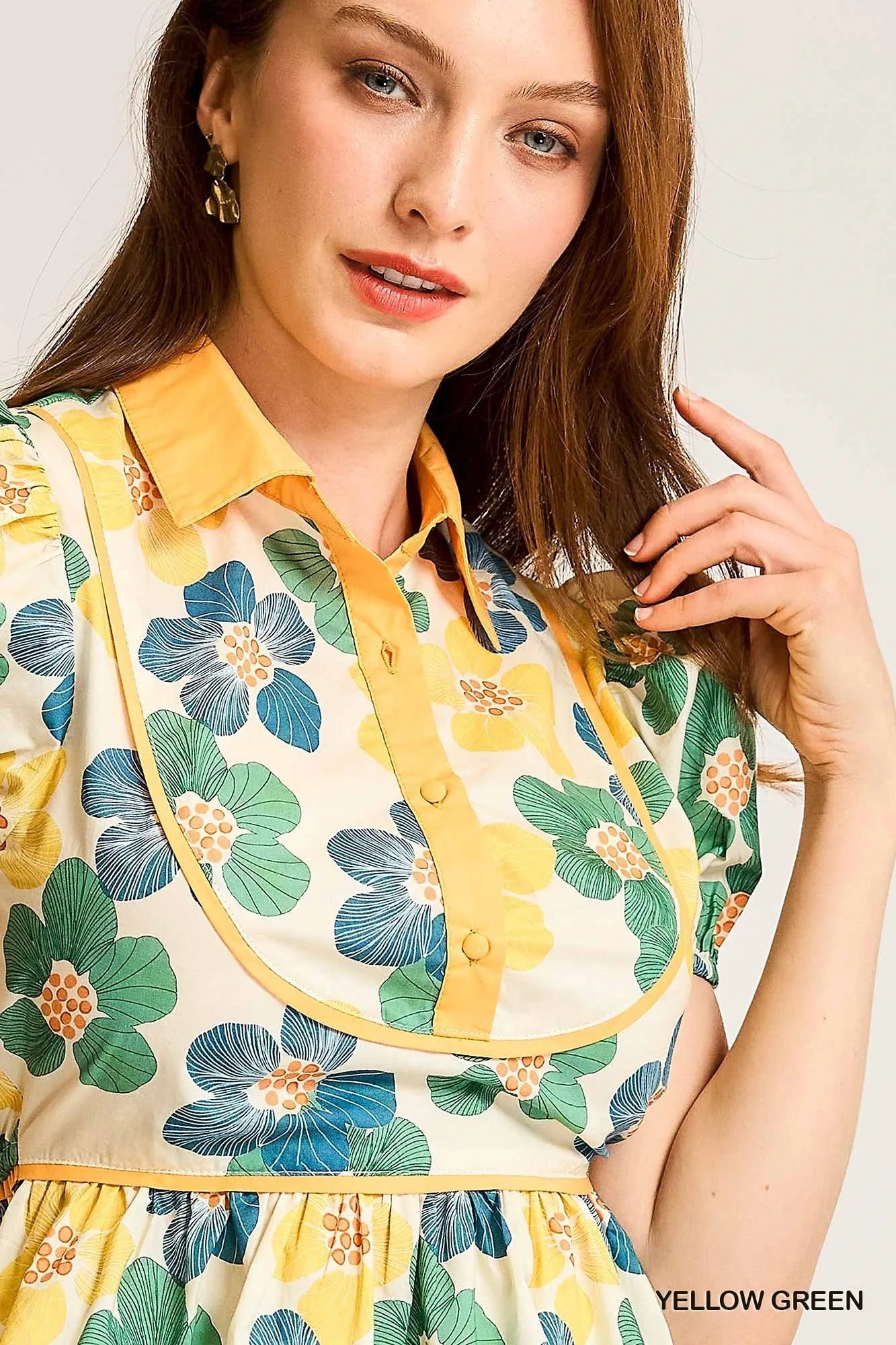 Umgee Cropped Blouse Yellow Green Floral Print Puff Sleeve Buttoned Top 65a61a55-eaa5-419f-84d4-e6a11ed3e813-Max-Origin Trendsi
