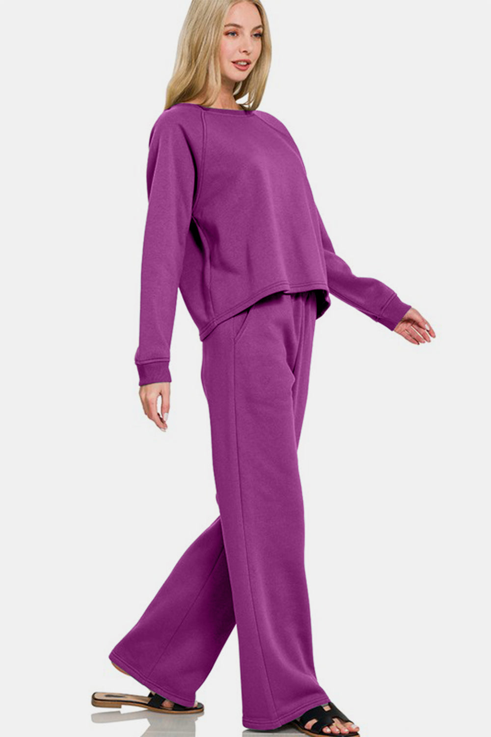 Zenana Outfit Set Round Neck Deep Purple Long Sleeve Top and Elastic Waist Pants