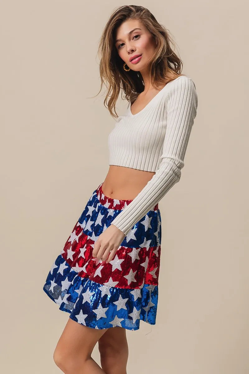 BiBi Sequin Skirt American Flag Theme Star Tiered Short Layered 65ad2371011a49b9a256bdc96c8797ad-Max-Origin Trendsi