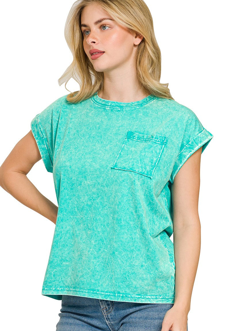 Zenana Women's T-shirt Turquoise Crinkle Washed Folded Short Sleeve Top