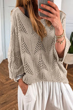 Women's Knit Top Openwork Round Neck Long Sleeve Oversized Pullover Beige 65b99523-ce51-4208-9dc8-d84a3c402b30-Max-Origin Trendsi