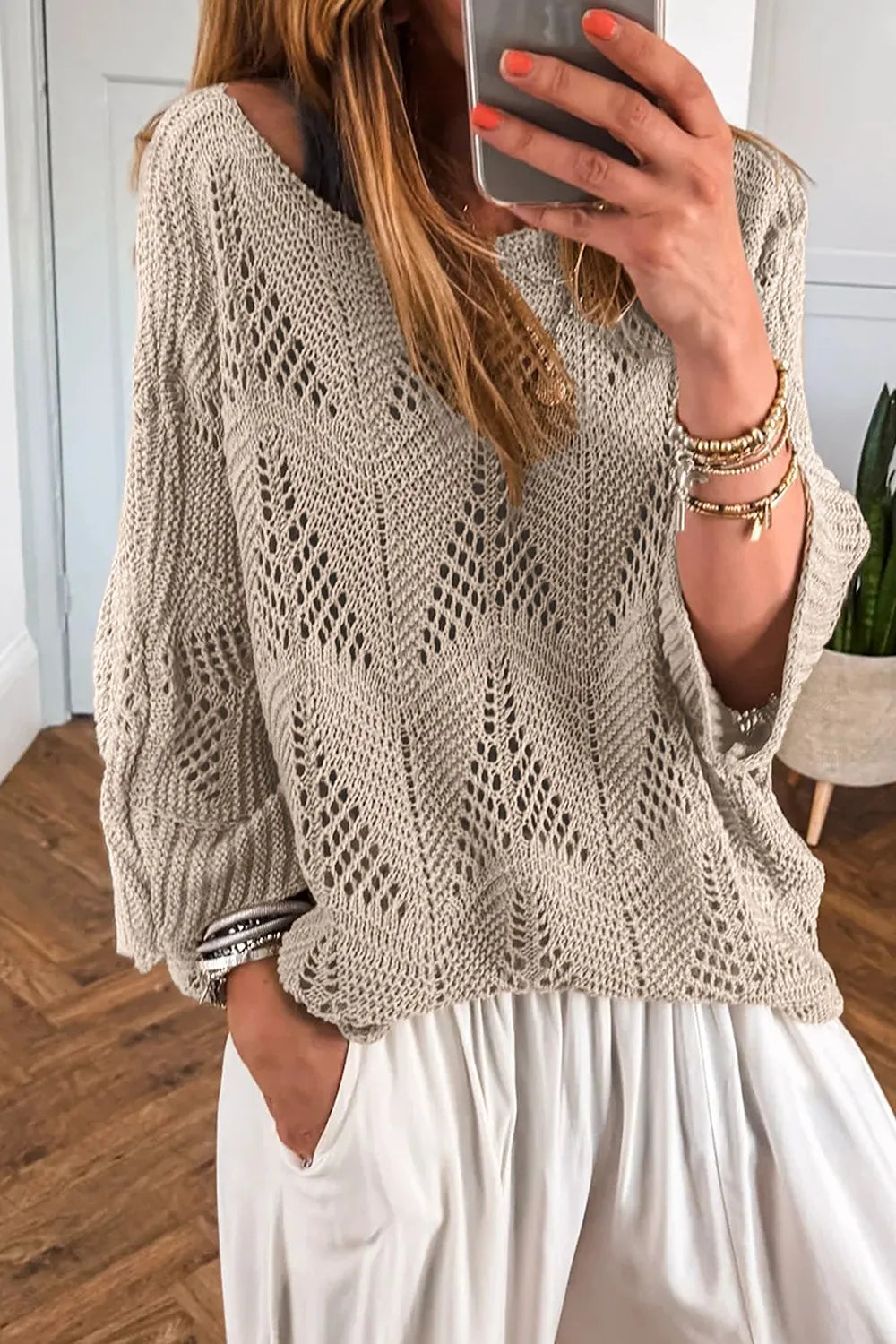 Women's Knit Top Openwork Round Neck Long Sleeve Oversized Pullover Beige 65b99523-ce51-4208-9dc8-d84a3c402b30-Max-Origin Trendsi