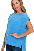 Zenana T-shirt Woven Double Gauze Deep Sky Acid Washed Short Sleeve Top DEEP SKY 65b9e639-eea0-4d37-8095-f38f841e6ad9-Max-Origin Trendsi