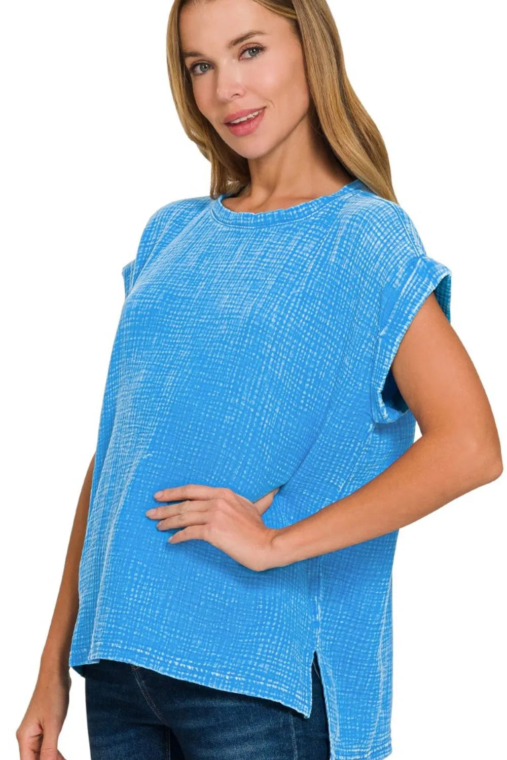 Zenana T-shirt Woven Double Gauze Deep Sky Acid Washed Short Sleeve Top DEEP SKY 65b9e639-eea0-4d37-8095-f38f841e6ad9-Max-Origin Trendsi