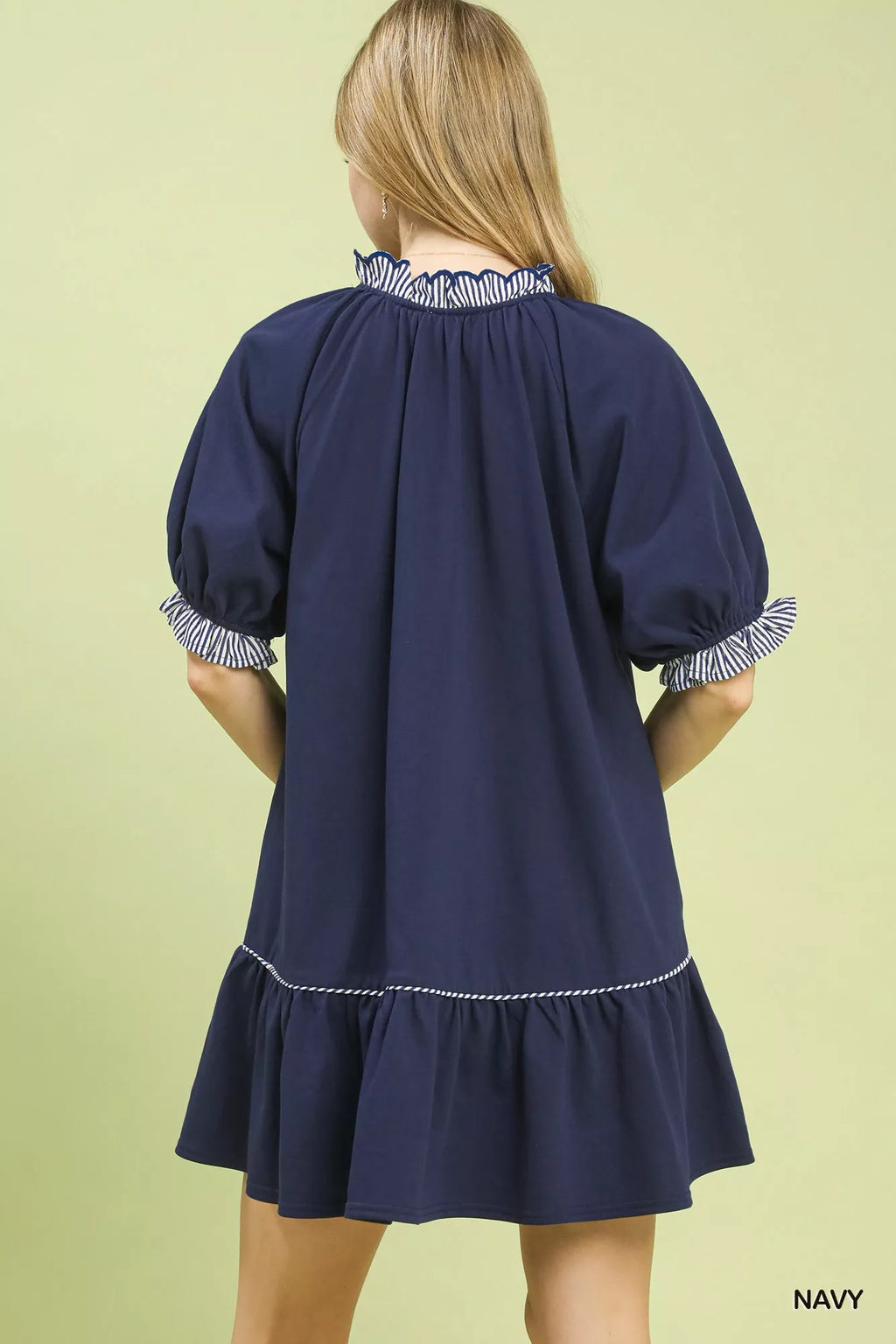 Umgee Mini Dress Navy French Terry with Ruffled Striped Trim Short Sleeve 65b9f572-01dd-435f-8022-60e9a10df667-Max-Origin Trendsi