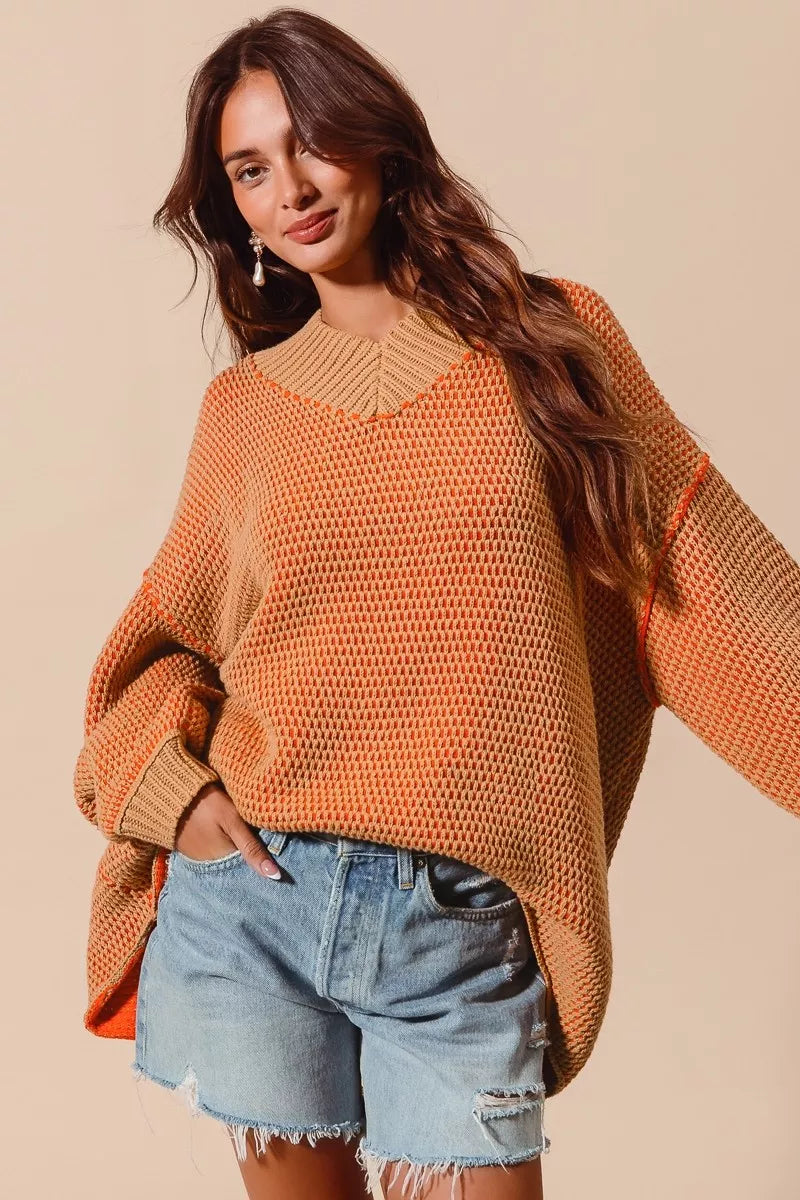 SO ME Womens Sweater Oversized V Neck Camel Orange Two Tone Textured 65c51d683ee7446d93679c81bc3d4a06-Max-Origin Trendsi
