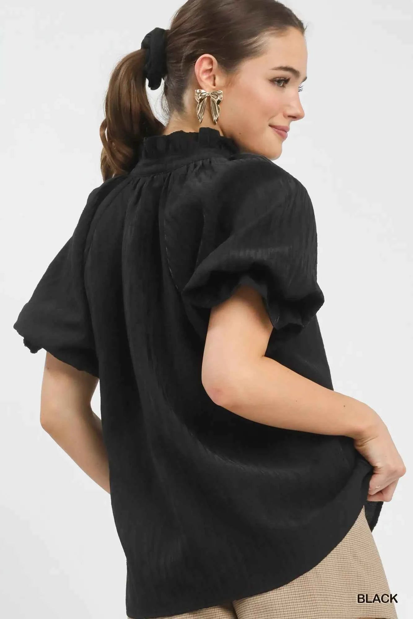 Umgee Textured Puff Sleeve Split Neck Top