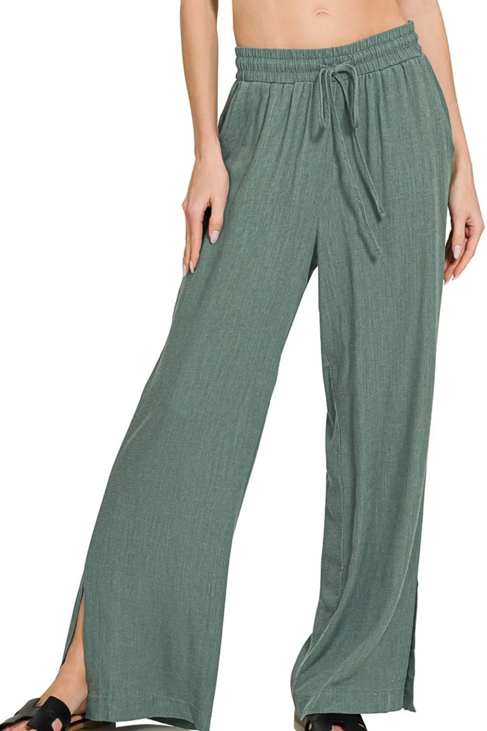 Zenana Linen Pants Drawstring Waist Wide Leg Ash Jade Pocketed Slit Trousers ASH JADE 65de227c-2fd4-42ed-935f-1c2802dc8c1a-Max-Origin Trendsi