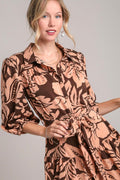 Umgee Shirt Mini Dress Brown Floral Print Puff Sleeve Tie Waist S-2XL Brown 65f14829-f123-4e32-a67c-31060f8f0133-Max Trendsi