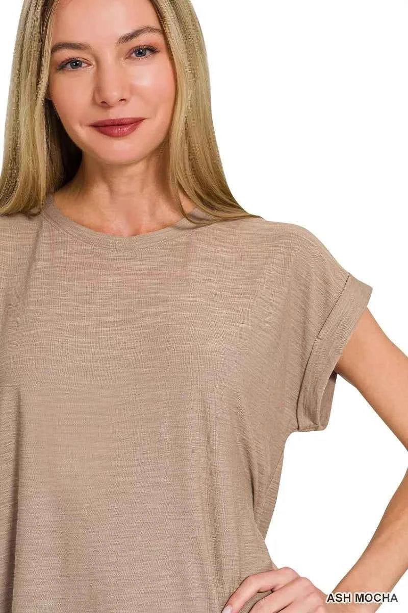 Zenana Women T-shirt Ash Mocha Slub Cuffed Short Sleeve Top Tee 660048603f43453eb520268565c6a219-Max-Origin Trendsi