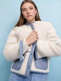 Women's Teddy Jacket White with Denim Contrast Trim Thick Outwear White 66022c505d36485a934fab38c90b7371-Max-Origin Trendsi