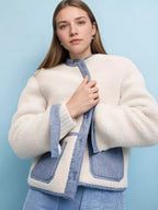 Women's Teddy Jacket White with Denim Contrast Trim Thick Outwear White 66022c505d36485a934fab38c90b7371-Max-Origin Trendsi