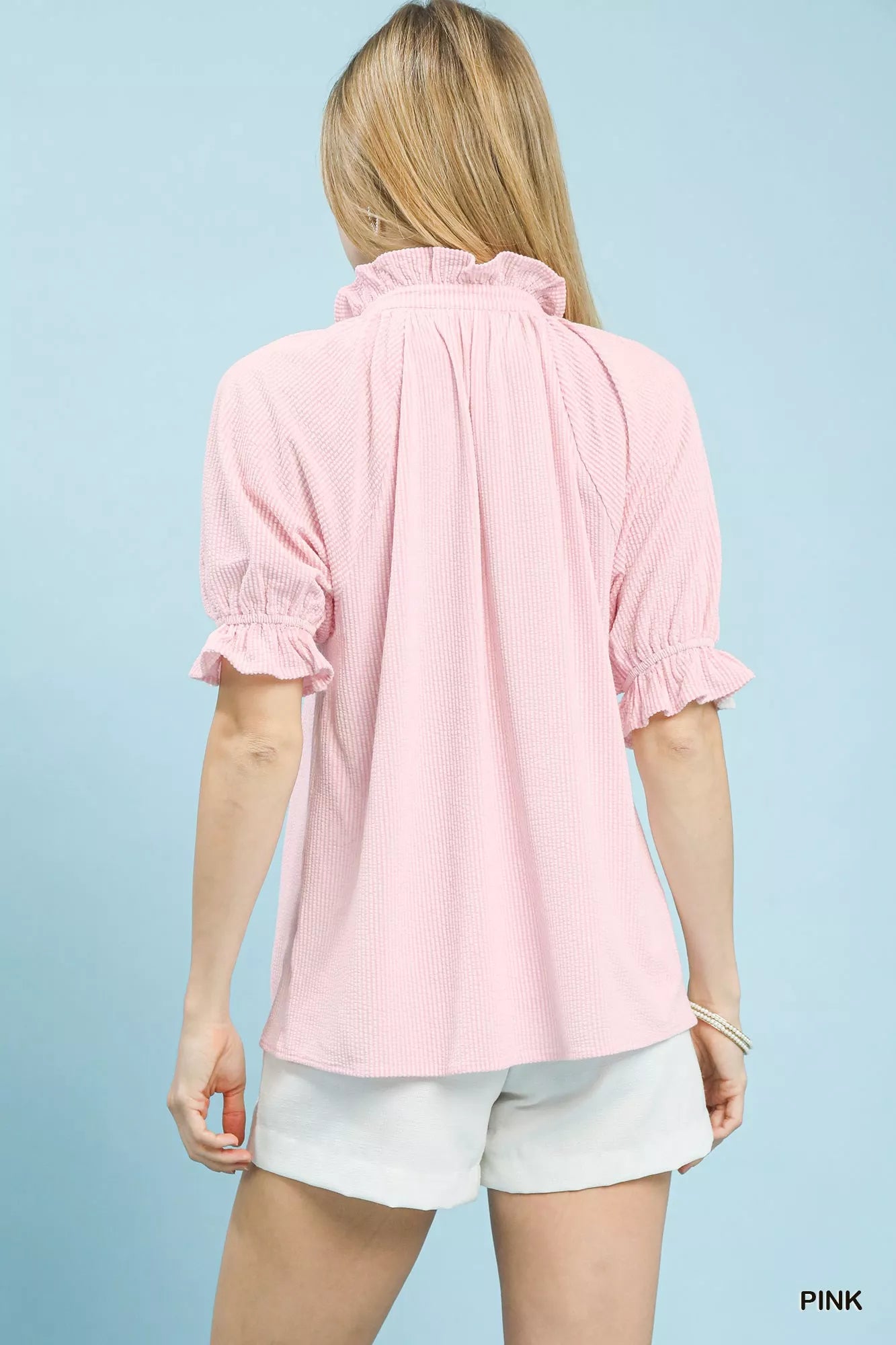 Umgee Blouse Textured Pink Ruffle Sleeve V-Neck Short Sleeve Top 66044ba2-4368-4197-abc4-cd110864b03a-Max-Origin Trendsi