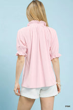 Umgee Blouse Textured Pink Ruffle Sleeve V-Neck Short Sleeve Top 66044ba2-4368-4197-abc4-cd110864b03a-Max-Origin Trendsi