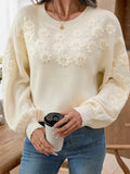 Women's Sweater Flower Embroidery Round Neck Long Sleeve Knit Pullover Cream 66067c1661be430a8e042a1b5c8c8e4f-Max-Origin Trendsi