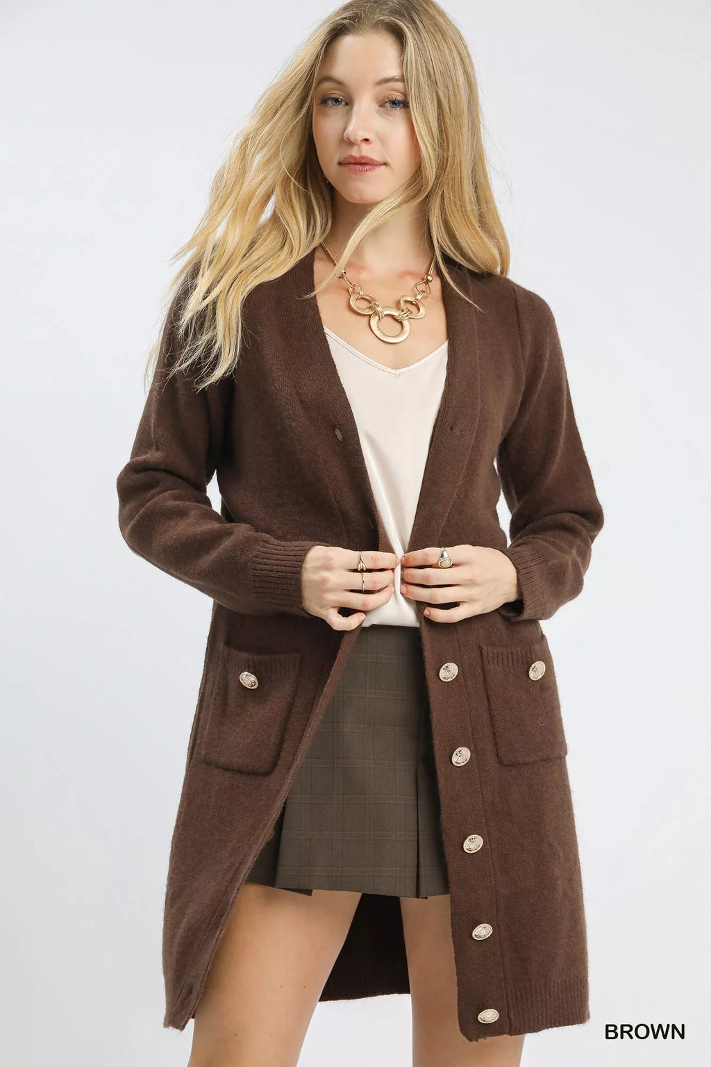Umgee Womens Sweater Cardigan Brown Longline with Front Pockets 6609f35c-b4af-4e42-9730-df24a8ad8e01-Max-Origin Trendsi