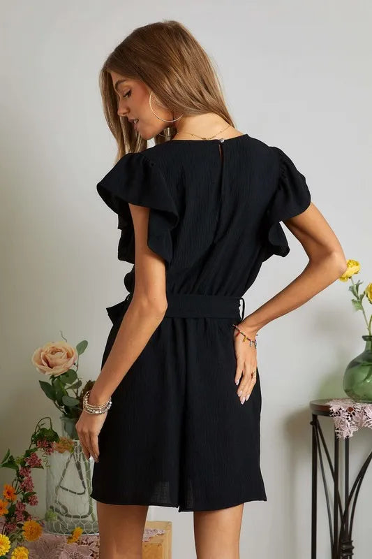 ADORA Romper Black Mini Ruffle Short Sleeves with Pockets Belted 66172e98e1cf451a915b467e4a08ffed-Max-Origin Trendsi