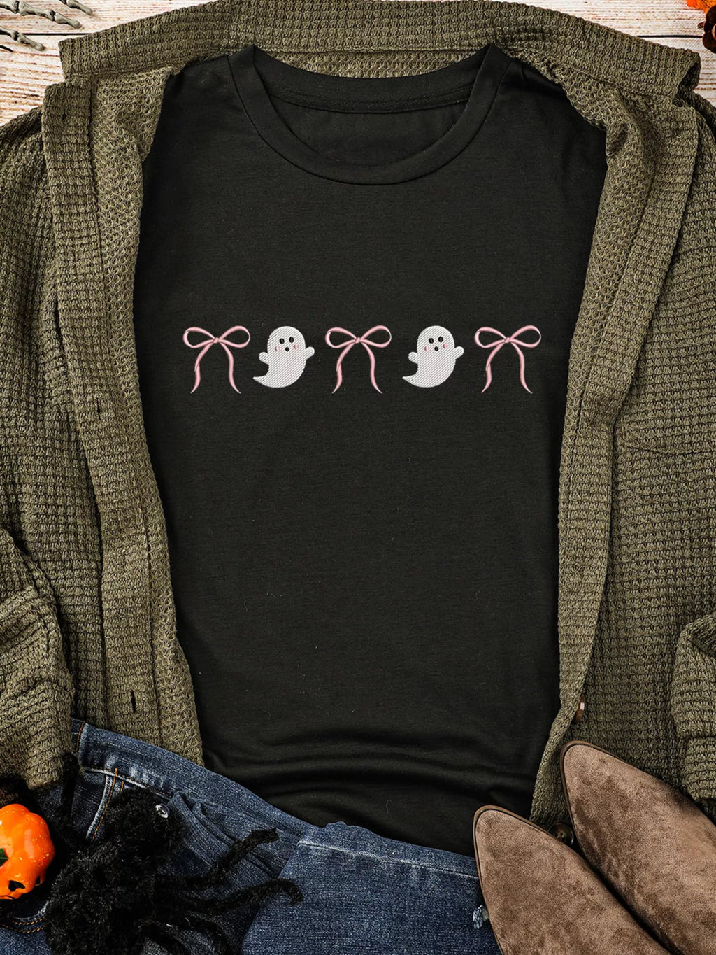 Halloween Women's T-Shirt Black Ghost Bow Graphic Short Sleeve Top 66177d873076480d98e7b34a2121c387-Max-Origin Trendsi
