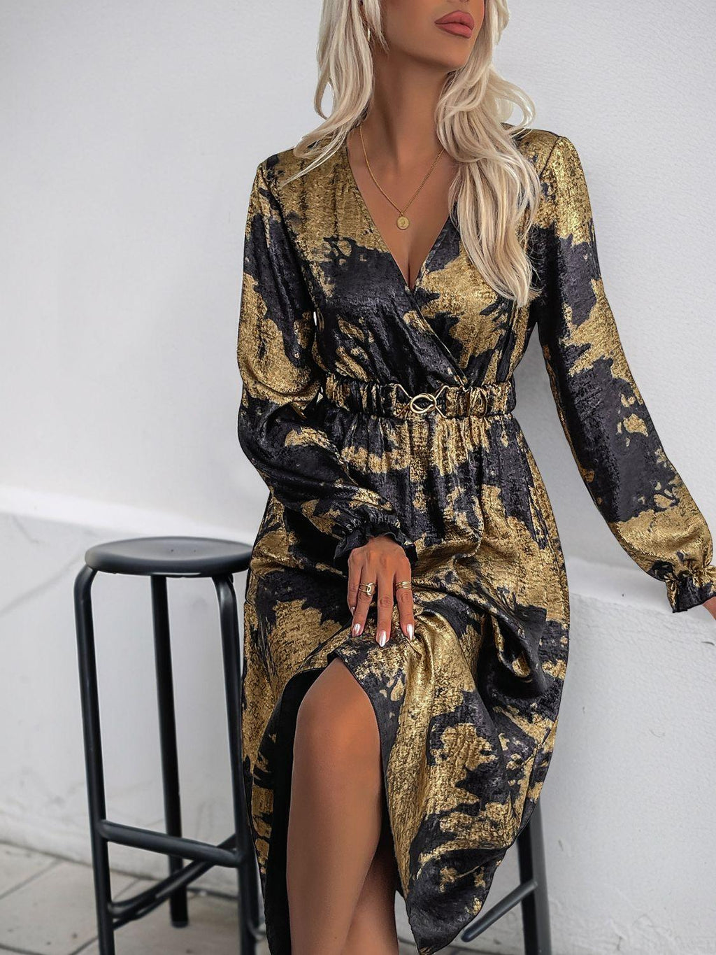 Perfee Midi Dress Gold Printed Surplice Long Sleeve V Neck Elastic Belt 6620da9c-3090-4b48-bdc5-a80cbc3a364b-Max Trendsi