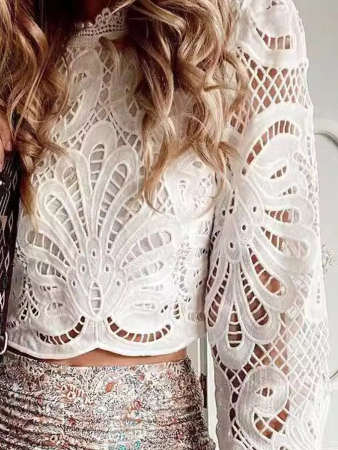 Women's Blouse White Lace Crochet Long Sleeve Cutout Party Top 66240870-deec-45b6-9214-831940e0a1fb-Max-Origin Trendsi
